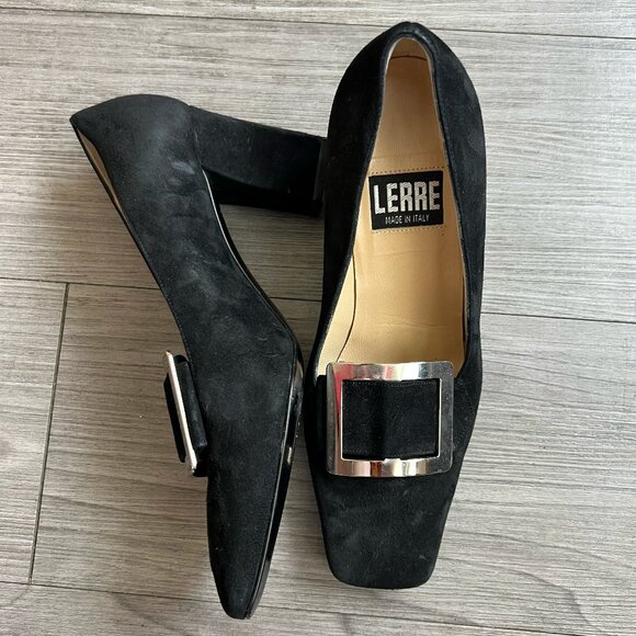 Vtg 90s/00s Lerre Italy Black Suede Square Toe Block Heel Silver Buckle Size 5.5 - Picture 1 of 8